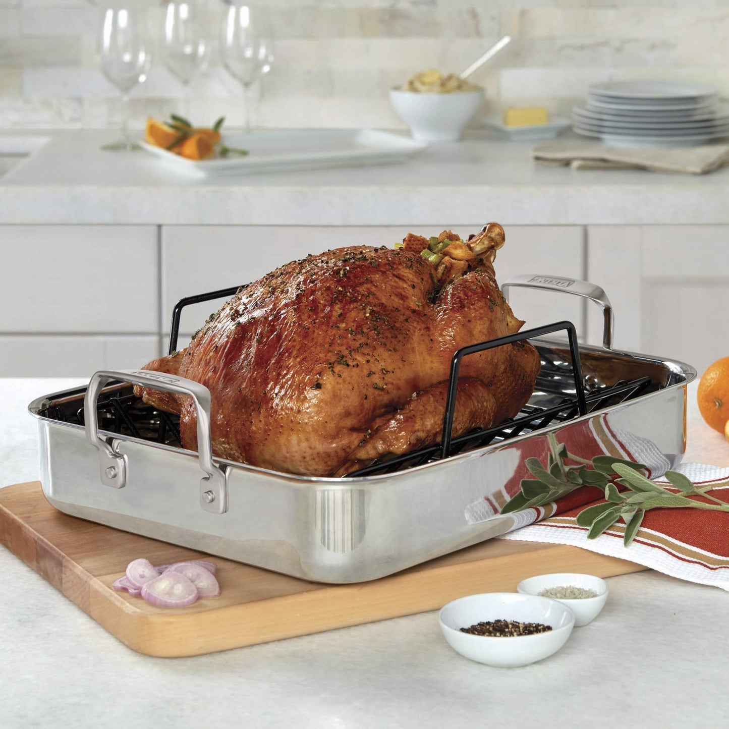 Viking Culinary 3-Ply Stainless Steel Roasting Pan, Includes Nonstick Rack & Carving Set, Dishwasher, Oven Safe, Works on All Cooktops including Induction