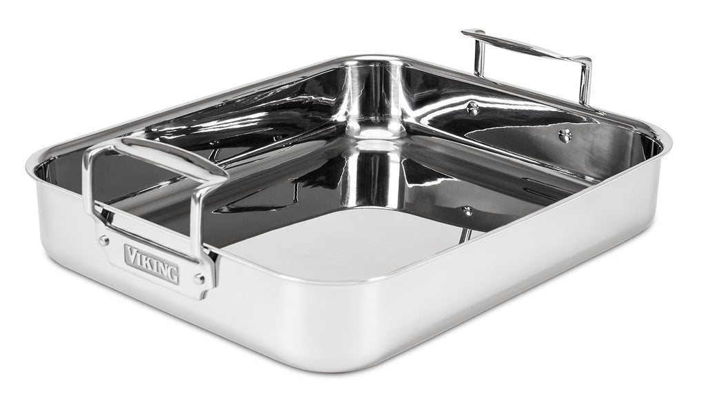 Viking 3-Ply Stainless Steel Roasting Pan with Non Stick Rack, 16 x 13 Inch Kitchen Cookware, Great for Turkey, Dishwasher and Oven Safe, Induction Ready, Silver