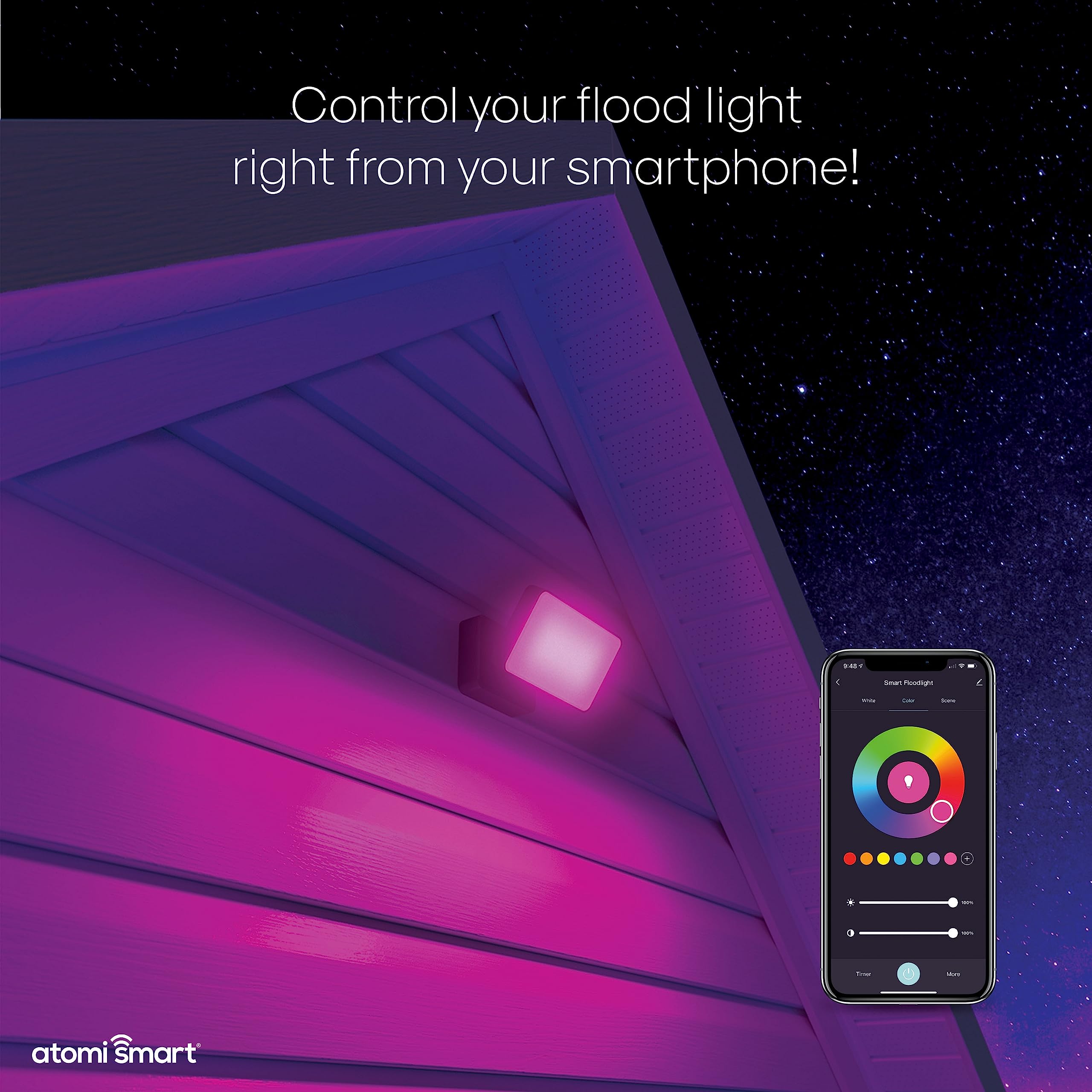 Atomi Smart WiFi LED Floodlight—2300 Lumens, Dimmable, Premium Aluminum Construction, IP65 All-Weather, Tunable White, Color Changing, Works with Voice Control