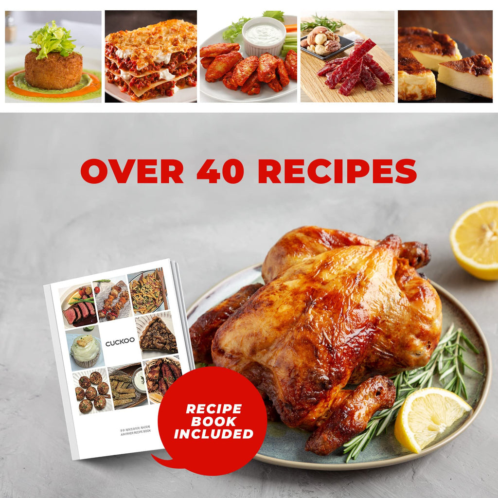 CUCKOO Air Fryer Oven includes over 40 recipes with a recipe book for diverse cooking options.