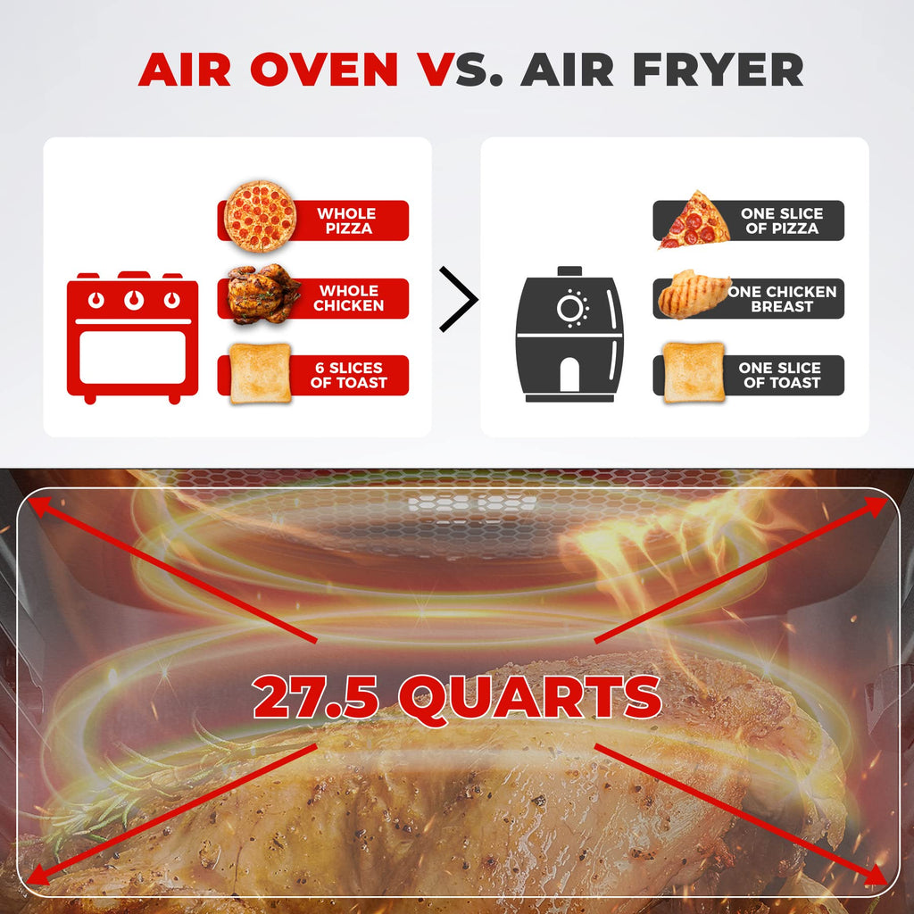 CUCKOO Air Fryer Oven comparison showing benefits of air oven over air fryer with 27.5 quarts capacity.