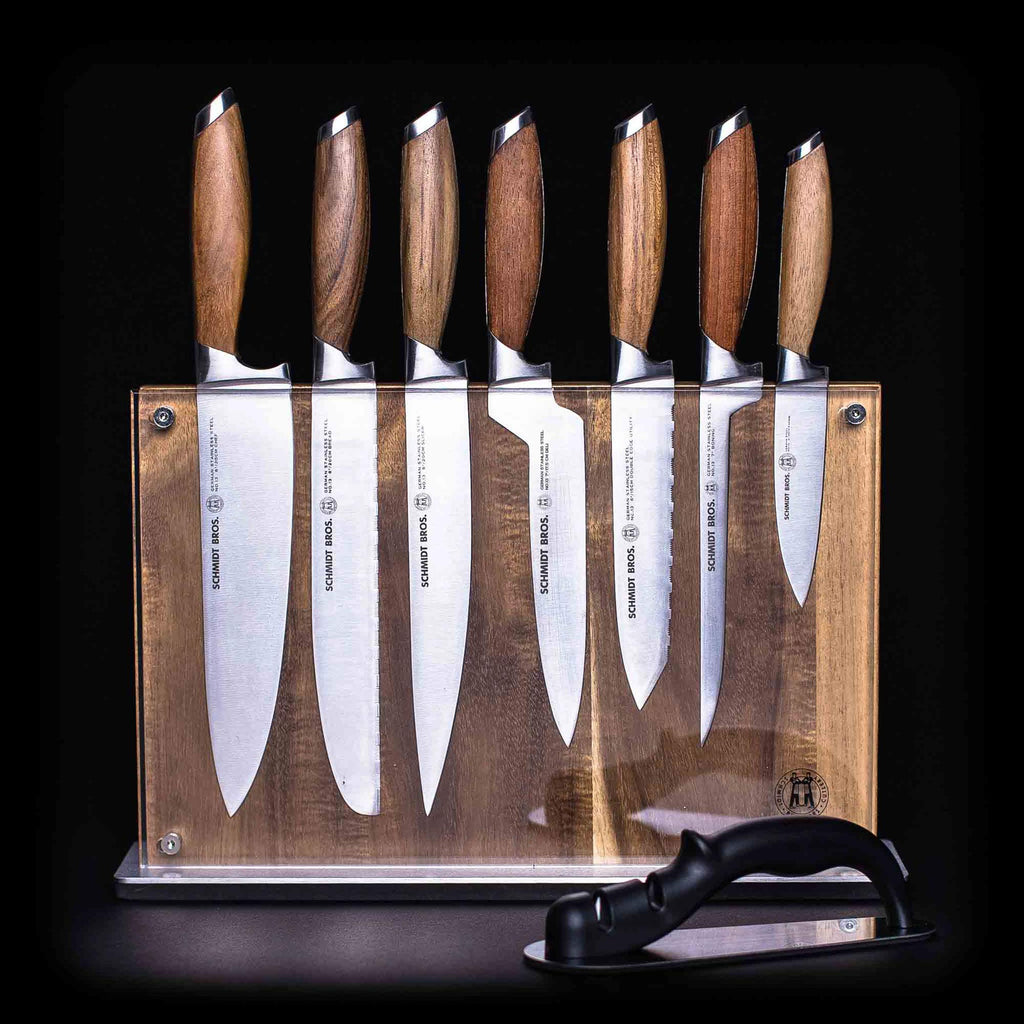 Schmidt Brothers - 15-Piece Knife Set, High-Carbon Stainless Steel Cutlery with Downtown Acacia and Acrylic Magnetic Knife Block and Knife Sharpener