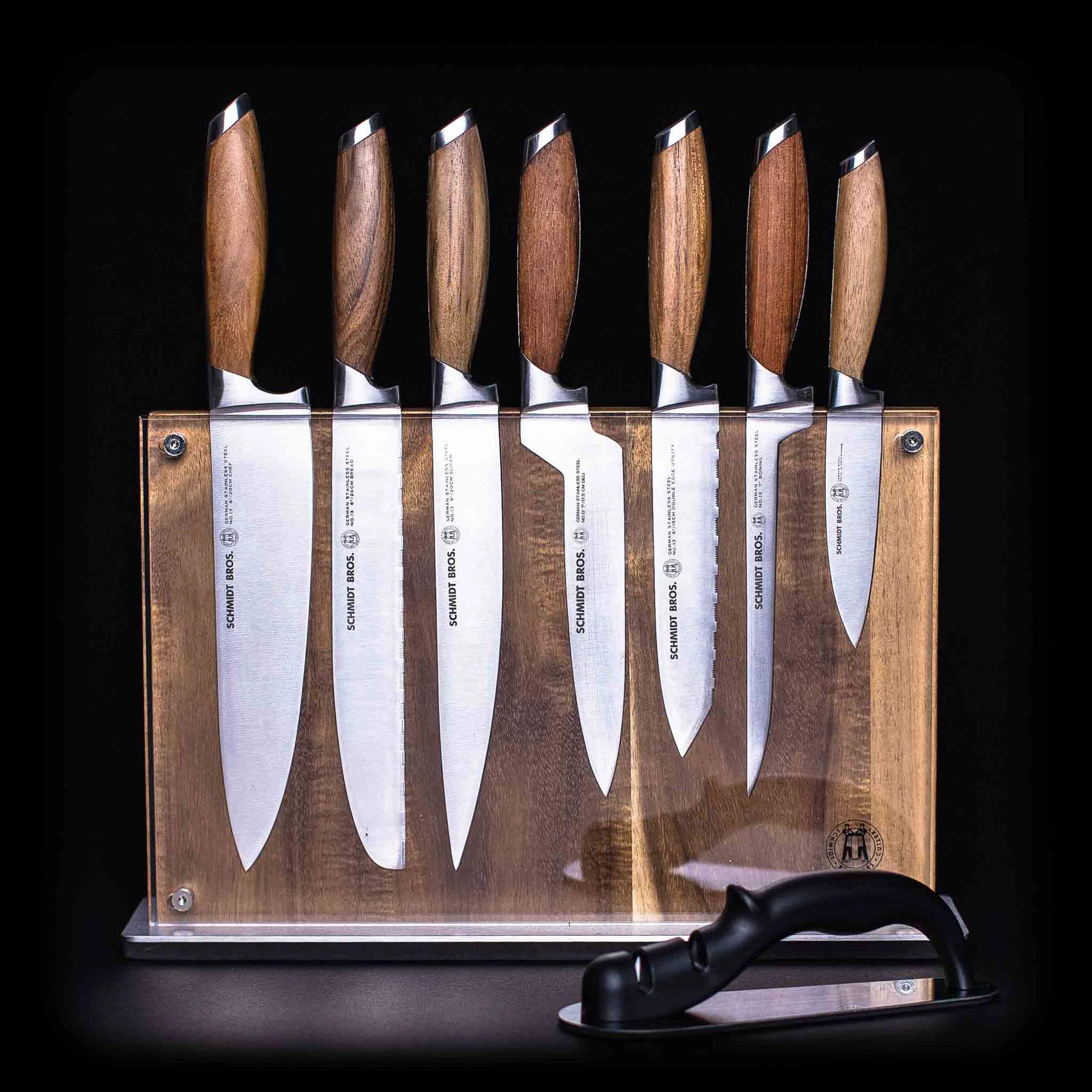 Schmidt Brothers - 15-Piece Knife Set, High-Carbon Stainless Steel Cutlery with Downtown Acacia and Acrylic Magnetic Knife Block and Knife Sharpener