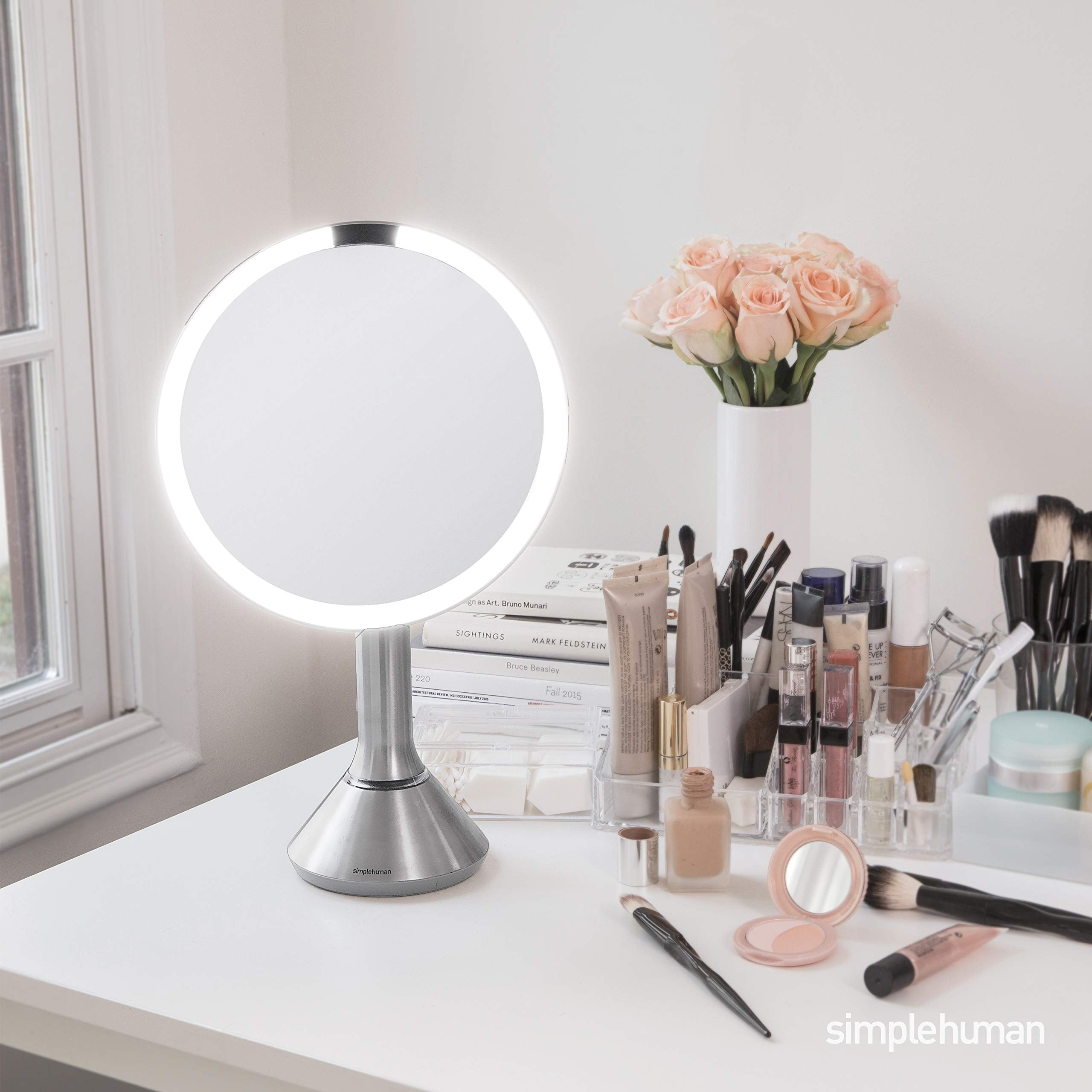 simplehuman Sensor Lighted Makeup Vanity Mirror 8" Round, 5X Magnification, Stainless Steel, Rechargeable and Cordless