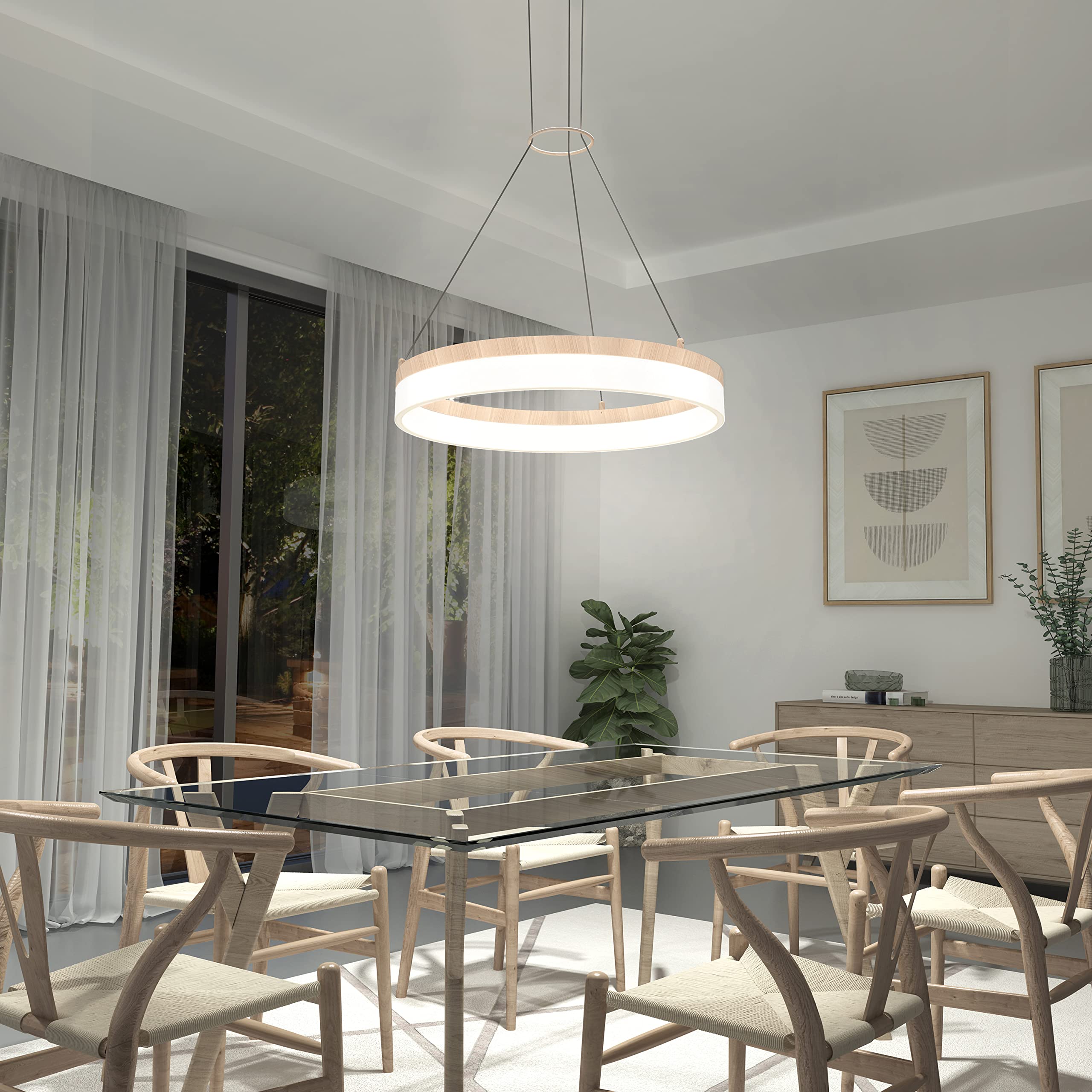 artika Optical 30W LED Pendant Light Fixture, Wood Painted Finish - Ideal for Dining Room - 2000 Lumens, Tunable White Technology 2700-3500-4500 Kelvin, No Bulb Required