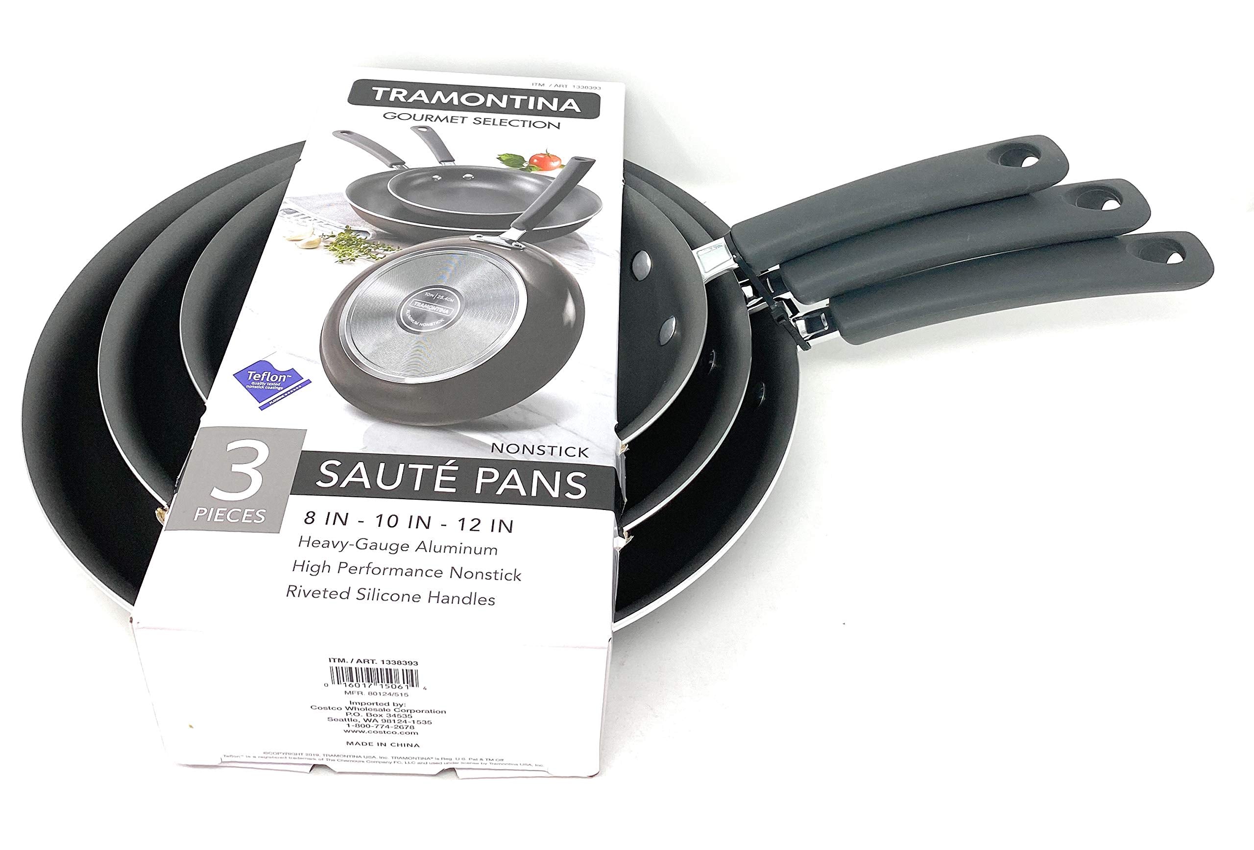 Tramontina Gourmet Selection 3 Piece Set Nonstick Saute Pans (8", 10" & 12") Heavy-Gauge Aluminium High Performance Nonstick Riveted Silicone Handles (Metallic Black)