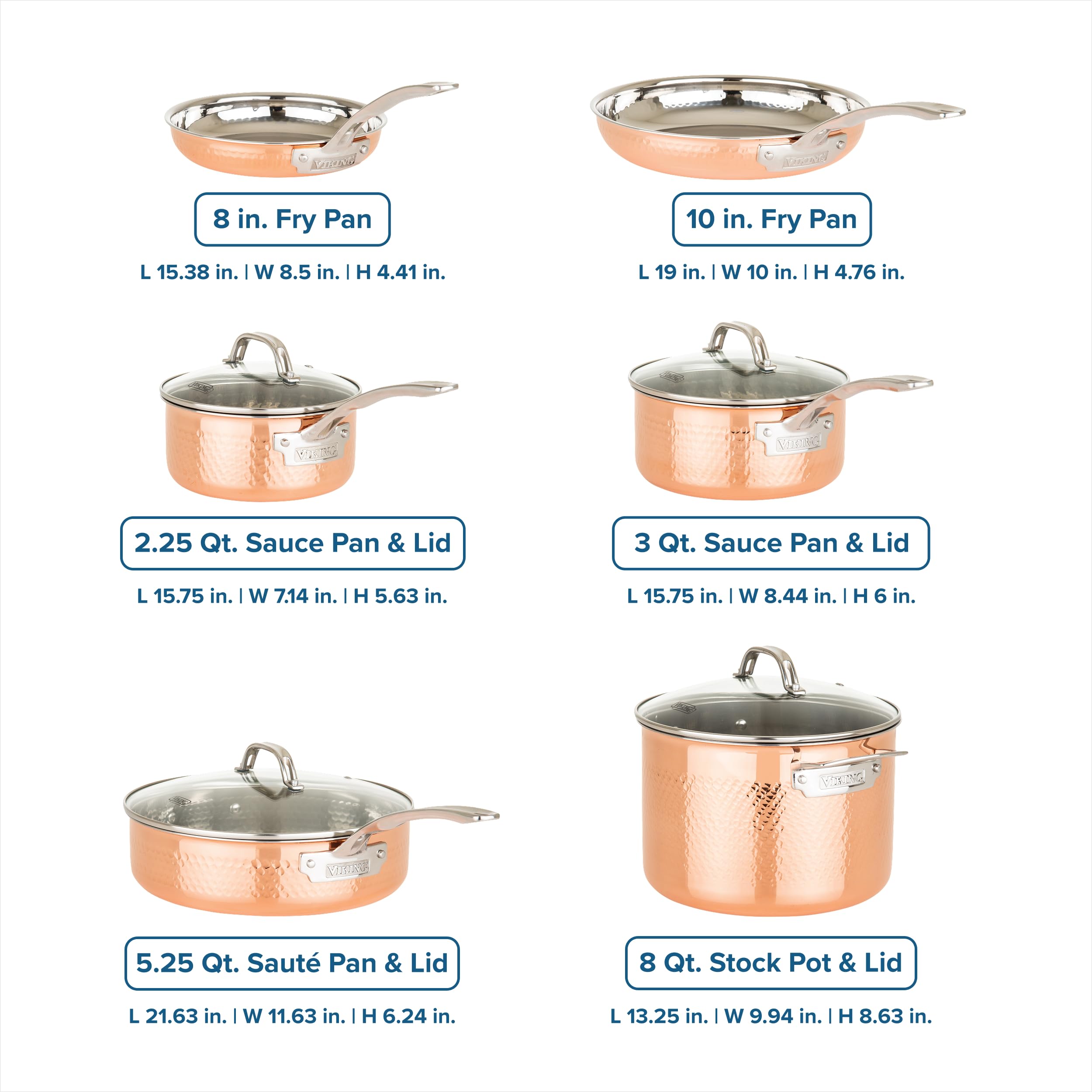Viking 3-Ply Pots and Pans Set, 10 Piece Copper Kitchen Cookware with Glass Lids, Hammered Copper