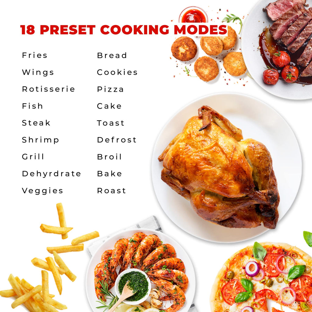 CUCKOO Air Fryer Oven 18 preset cooking modes displayed with various cooked dishes including fries, chicken, and pizza.