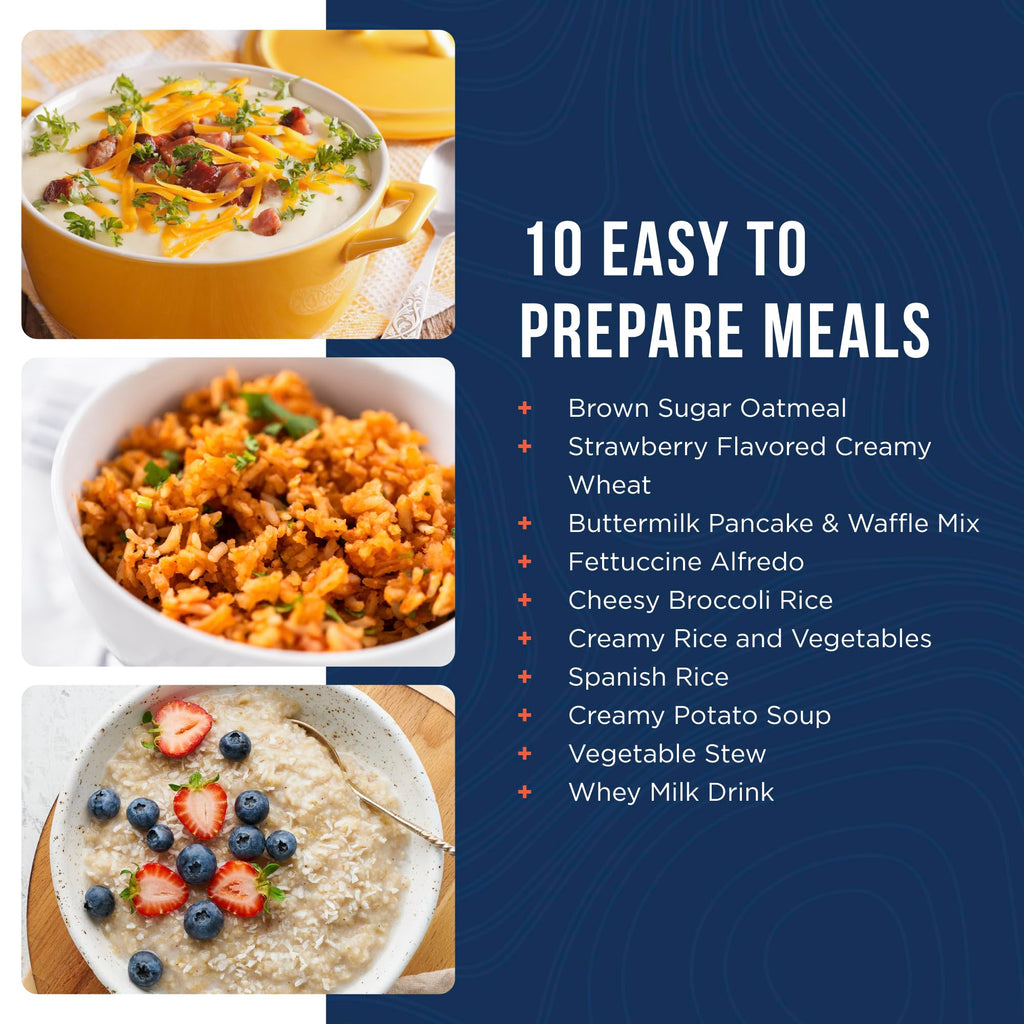 Augason Farms 30 Day Emergency Food Supply featuring 10 easy to prepare meals including oatmeal, rice, and soup.