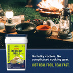 Augason Farms 30 Day Emergency Food Supply bucket with meals for survival, ideal for outdoor cooking and preparedness.