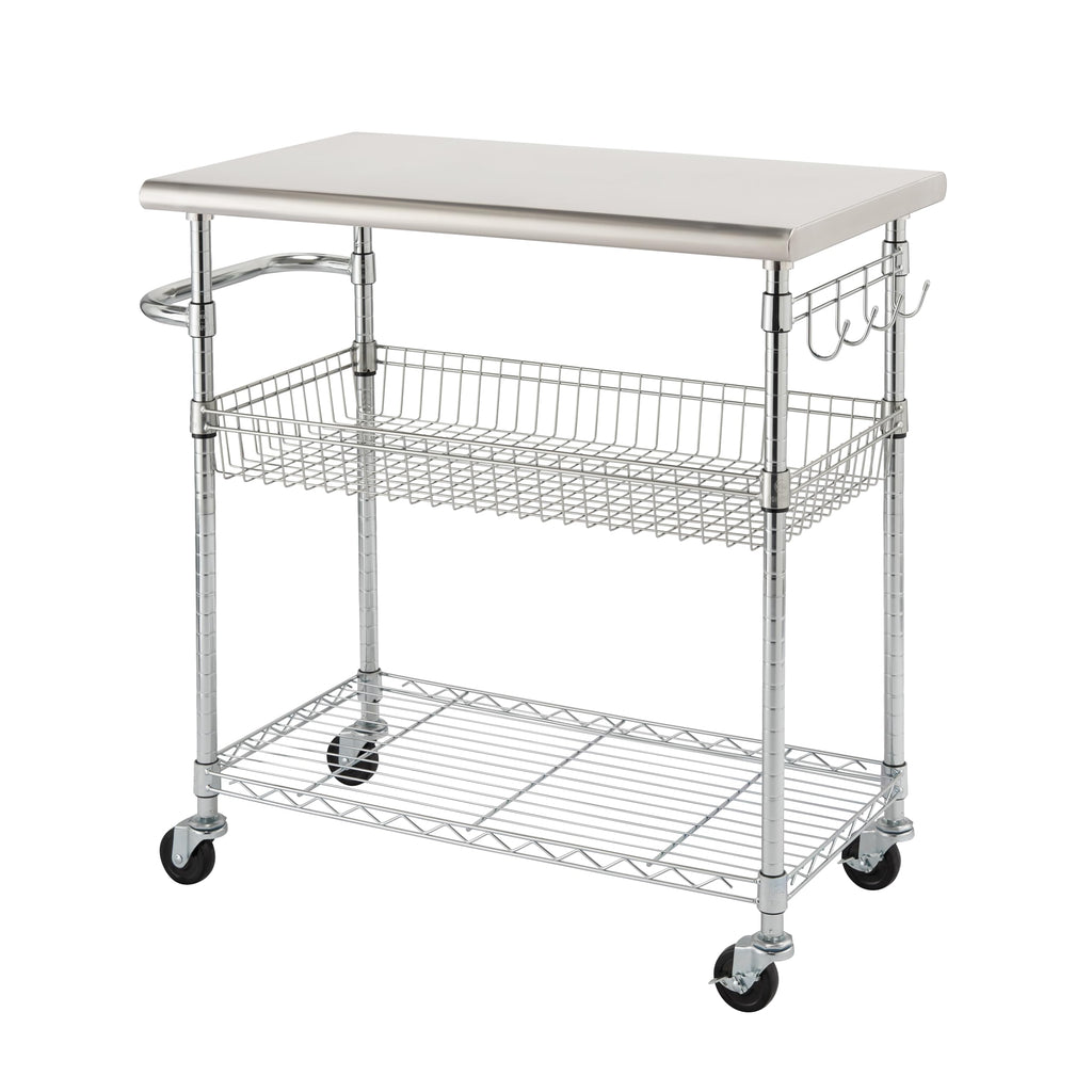 TRINITY EcoStorage Rolling Metal Wire Kitchen Cart with Removable Stainless Steel Top, Basket, Shelf, Sidebar & Hooks, for Storage and Food Prep, NSF Certified, 38.6” W x 20” D x 36” H, Chrome Finish