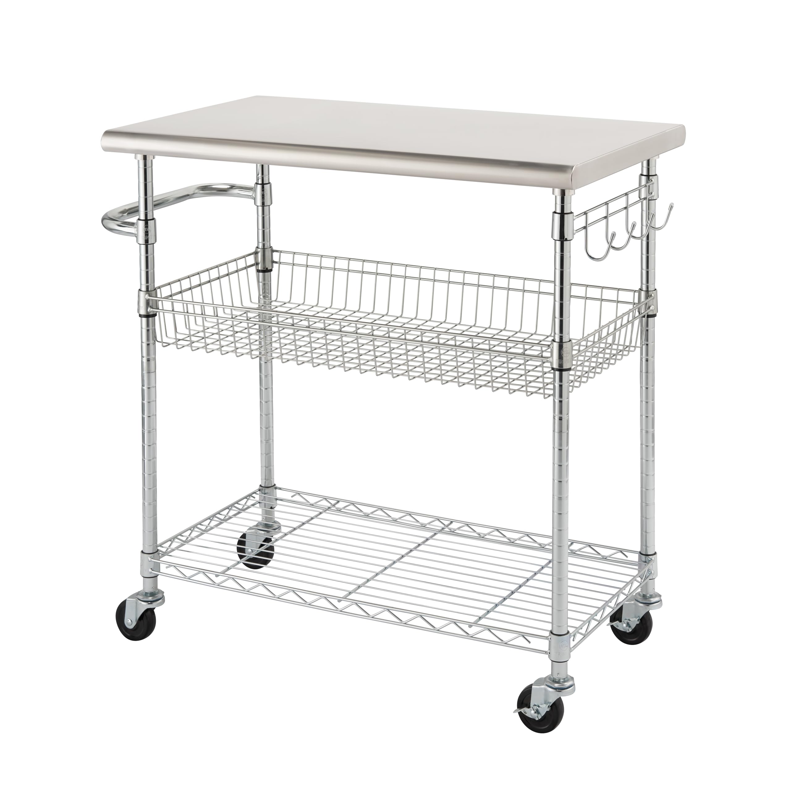 TRINITY EcoStorage Rolling Metal Wire Kitchen Cart with Removable Stainless Steel Top, Basket, Shelf, Sidebar & Hooks, for Storage and Food Prep, NSF Certified, 38.6” W x 20” D x 36” H, Chrome Finish