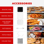CUCKOO Air Fryer Oven accessories including baking pan, baking rack, air frying basket, rotisserie, fetch rack, and crumb tray.