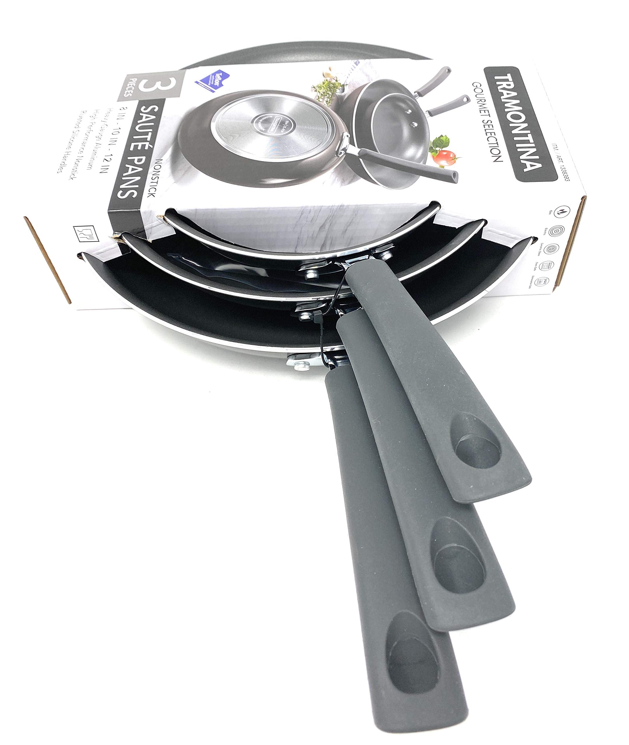 Tramontina Gourmet Selection 3 Piece Set Nonstick Saute Pans (8", 10" & 12") Heavy-Gauge Aluminium High Performance Nonstick Riveted Silicone Handles (Metallic Black)