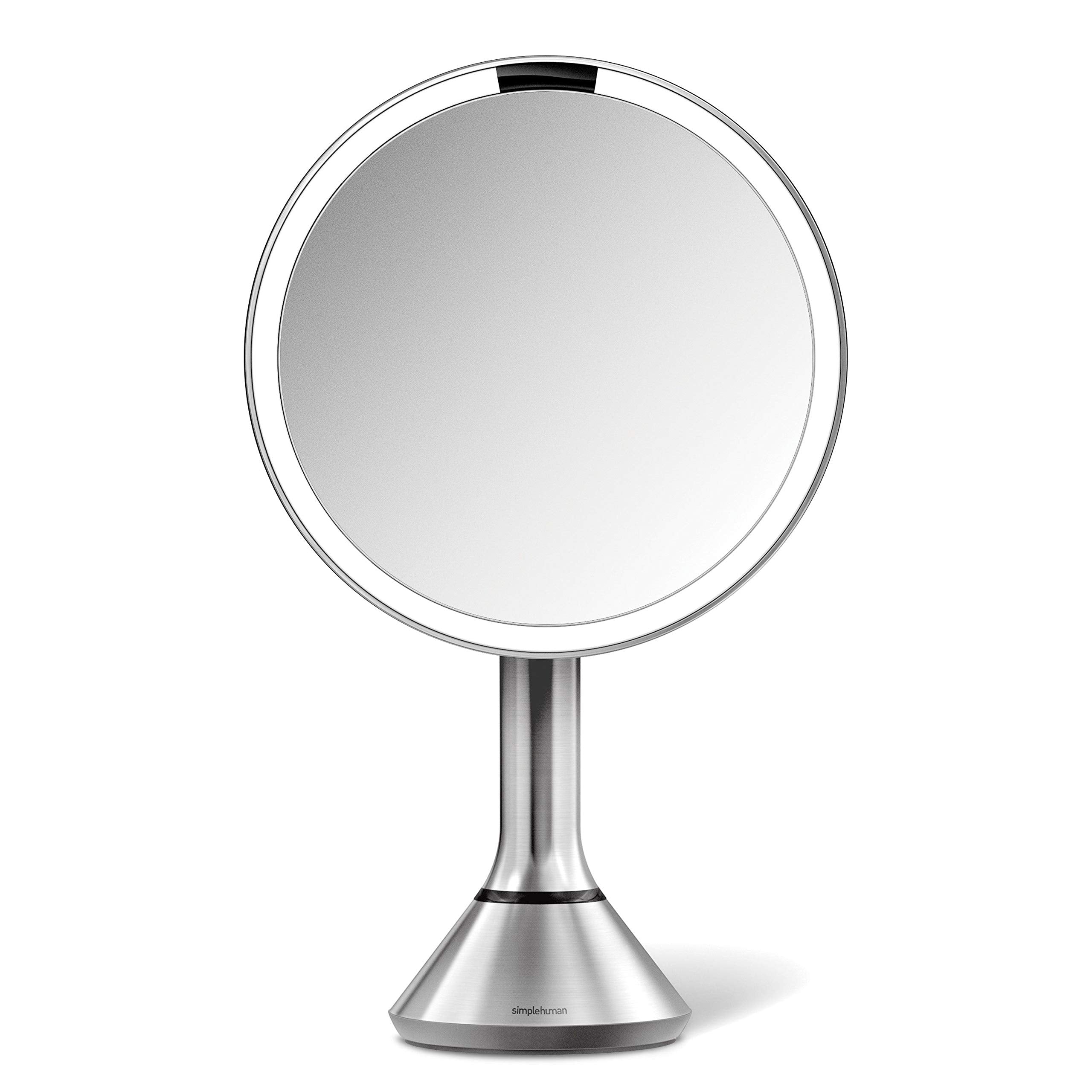 simplehuman Sensor Lighted Makeup Vanity Mirror 8" Round, 5X Magnification, Stainless Steel, Rechargeable and Cordless