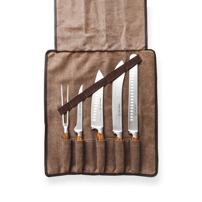 Zebra Wood, 6-Piece BBQ Knife Set, Fully Forged Stainless Steel Grilling Utensils Including Brisket Knife, Butcher Knife, Chef's Knife, Boning Knife, Carving Fork, Knife Carrying Roll