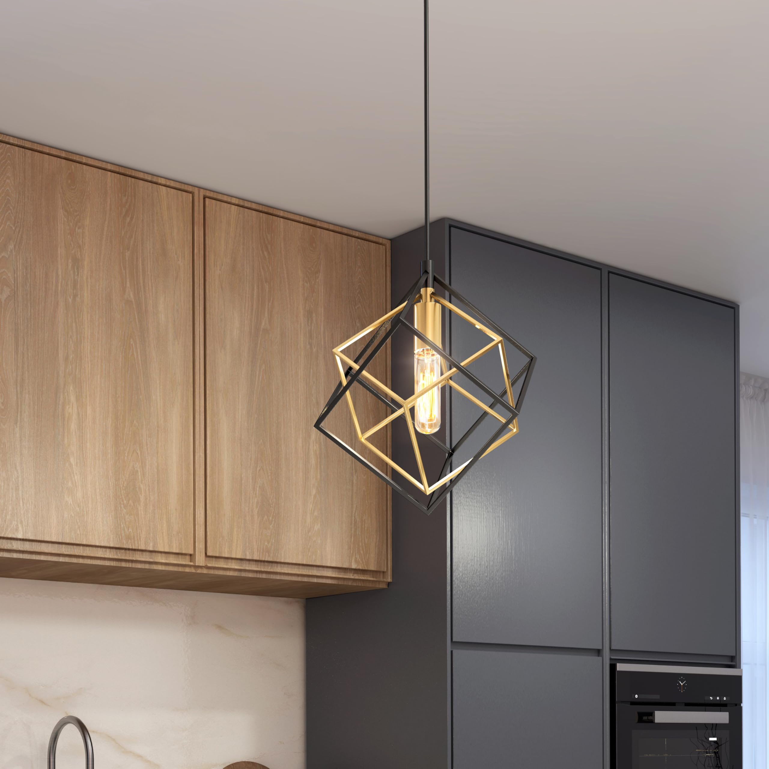 artika Imperium 25W 1-Light Modern Mid-Century Pendant Light Fixture, Black and Gold Finish - Geometric Kitchen Island Light, Made of Steel, Bulb Not Included