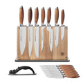 Schmidt Brothers - 15-Piece Knife Set, High-Carbon Stainless Steel Cutlery with Downtown Acacia and Acrylic Magnetic Knife Block and Knife Sharpener