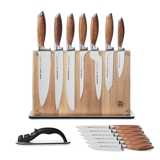 Schmidt Brothers - 15-Piece Knife Set, High-Carbon Stainless Steel Cutlery with Downtown Acacia and Acrylic Magnetic Knife Block and Knife Sharpener