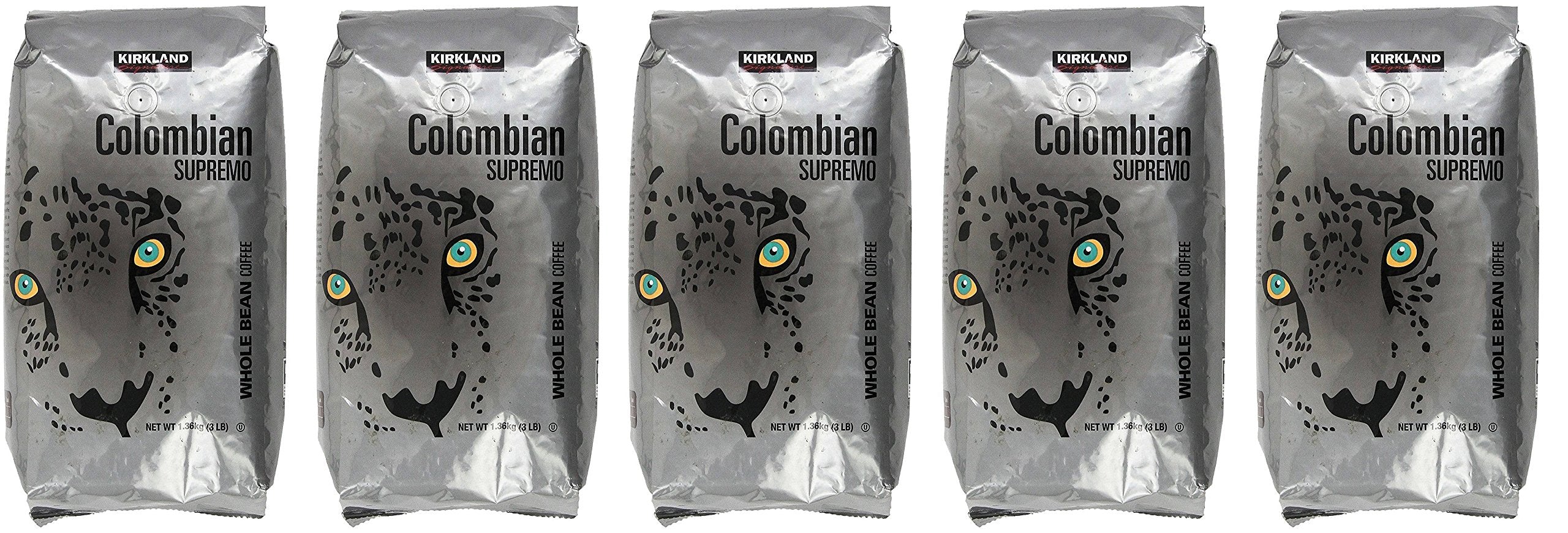 Kirkland Signature Colombian Supremo Whole Bean Coffee, 3 Pound (5 Pack)