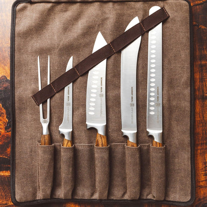 Zebra Wood, 6-Piece BBQ Knife Set, Fully Forged Stainless Steel Grilling Utensils Including Brisket Knife, Butcher Knife, Chef's Knife, Boning Knife, Carving Fork, Knife Carrying Roll