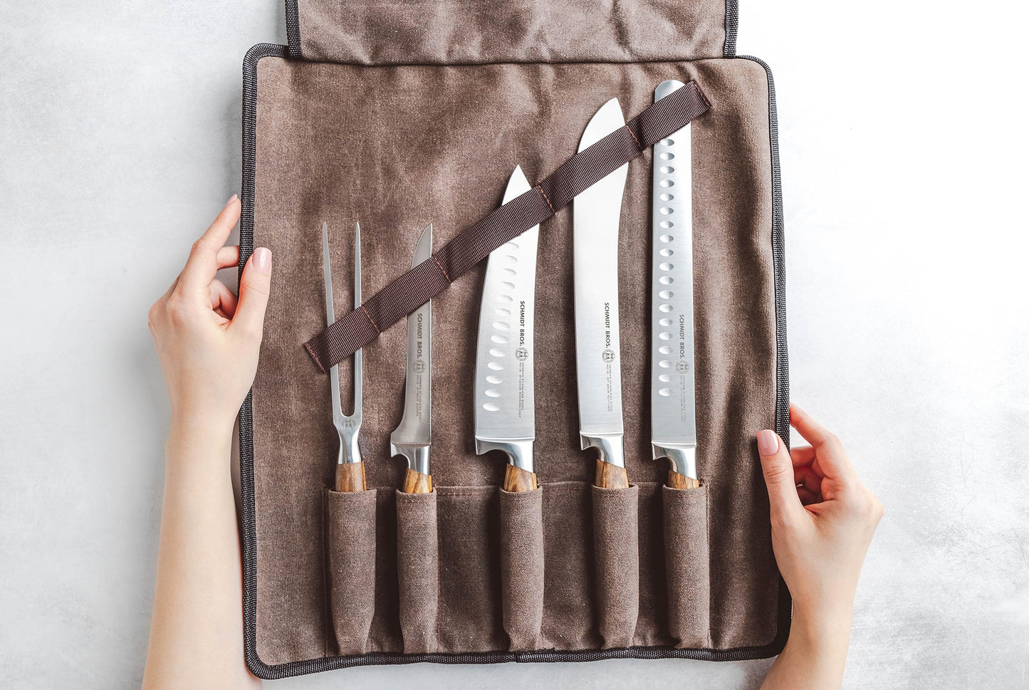 Zebra Wood, 6-Piece BBQ Knife Set, Fully Forged Stainless Steel Grilling Utensils Including Brisket Knife, Butcher Knife, Chef's Knife, Boning Knife, Carving Fork, Knife Carrying Roll