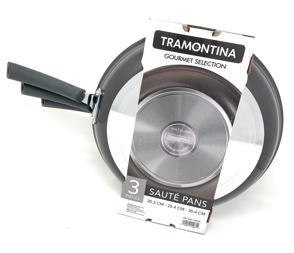 Tramontina Gourmet Selection 3 Piece Set Nonstick Saute Pans (8", 10" & 12") Heavy-Gauge Aluminium High Performance Nonstick Riveted Silicone Handles (Metallic Black)
