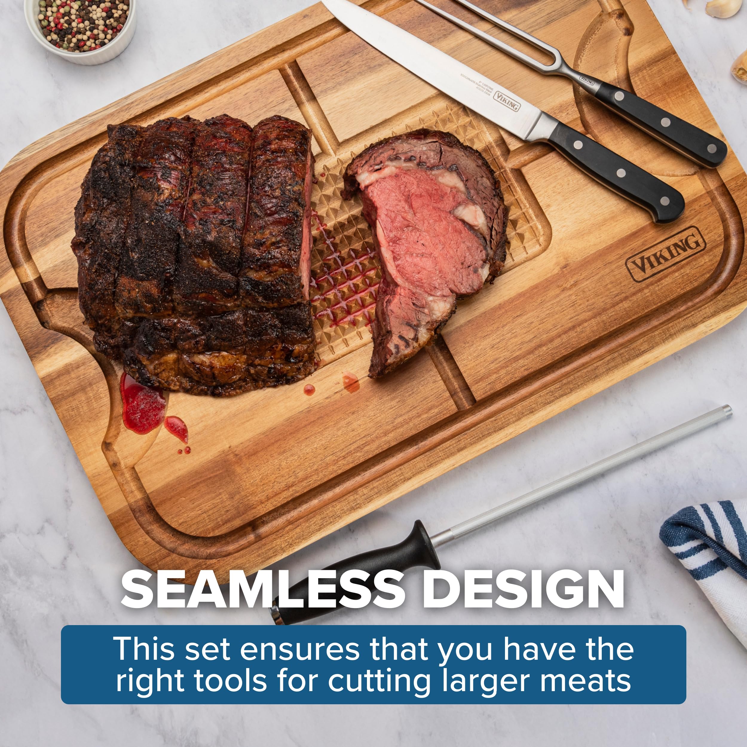 Viking Cutting Board and 3-Piece Carving Set, Oversized Acacia Wood Carving Board with Fork, Knife, and Sharpening Steel, 21.8 x 14.6 Inch