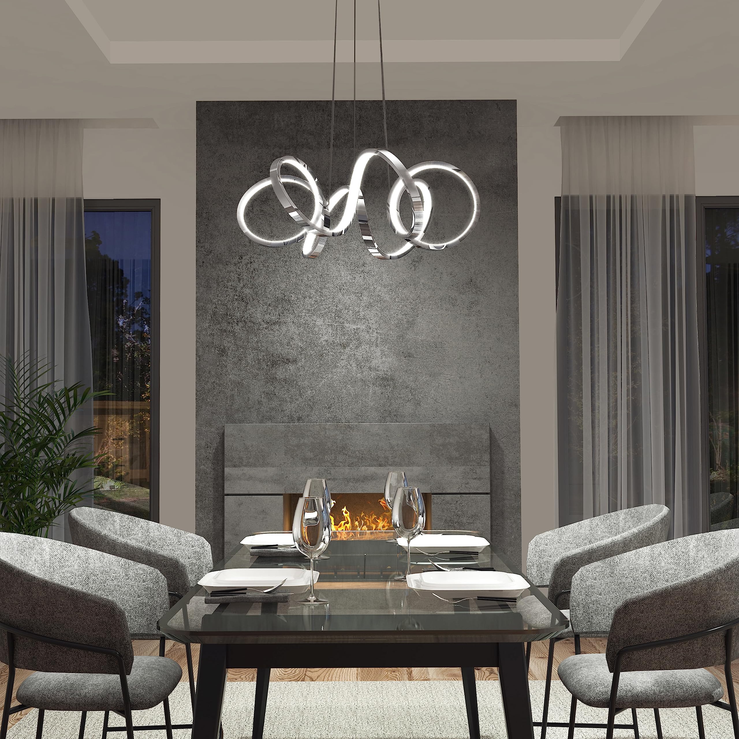 Chandelier, Swirl Ribbon Integrated LED Pendant Light Chrome Finish Dimmable for Kitchen Island Bedroom Cafe Kitchen